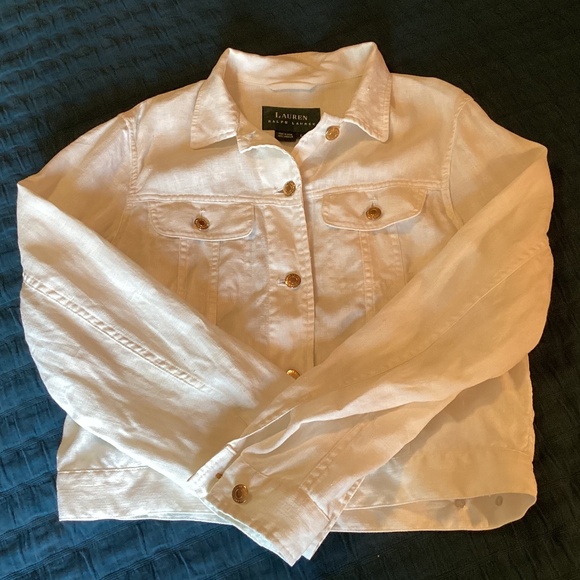 Lauren Ralph Lauren cream linen jean-style jacket (stained), Size L - Picture 1 of 4